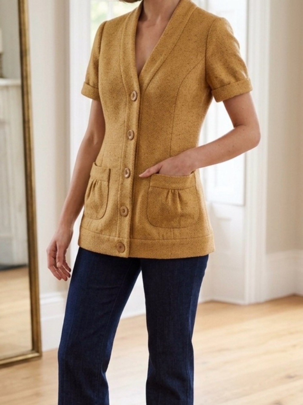 Anthropologie - Tabitha Mustard Short-Sleeve Button-Front Knit Cardigan